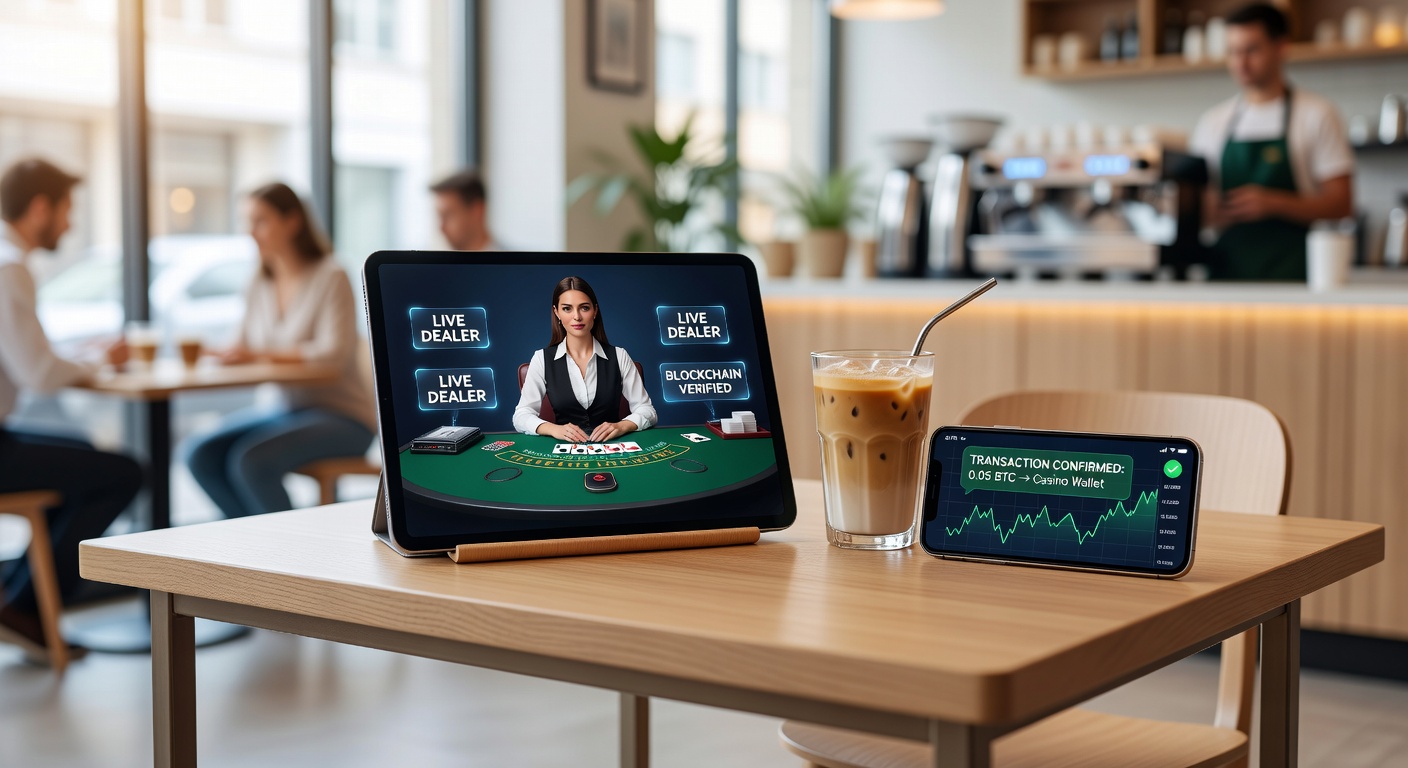 Smartphone displaying a live dealer blackjack table with blockchain transaction icons overlayed, highlighting mobile accessibility and secure crypto payments