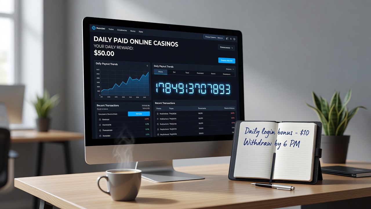 Mobile interface demonstrating instant payout processing and daily reward claim screens in an online casino app
