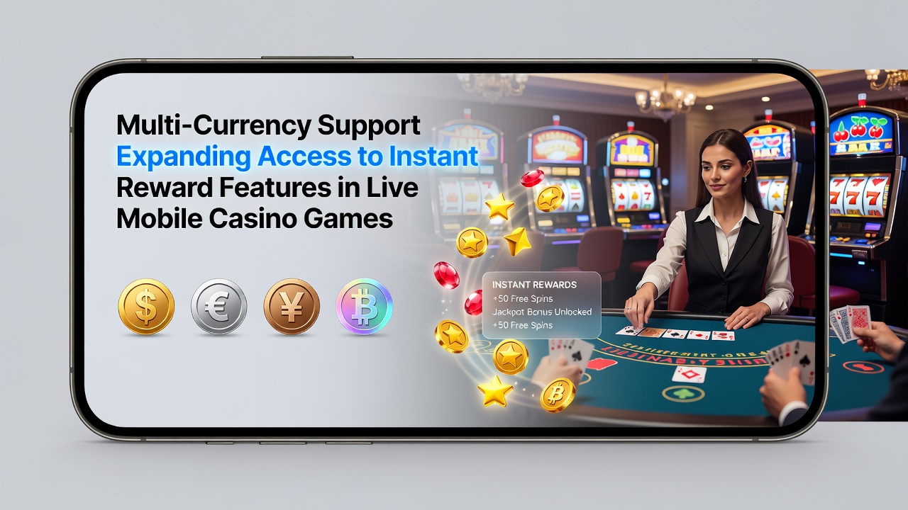 Live dealer table on a mobile device with currency selection menu and reward balance displayed