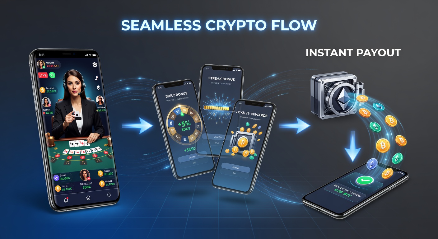 Illustration of cryptocurrency icons flowing seamlessly from a mobile phone to a live dealer roulette wheel, with bonus pop-ups and instant payout arrows
