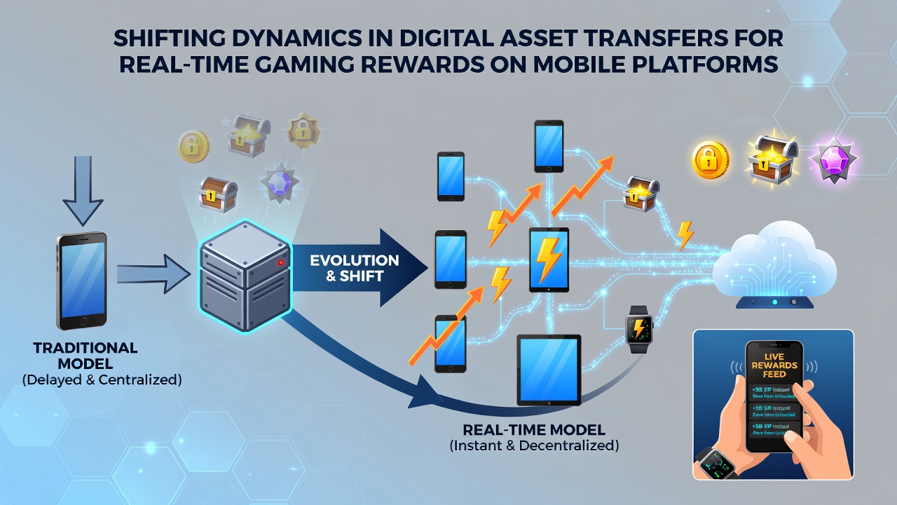 Illustration of blockchain nodes and mobile devices exchanging gaming reward tokens in real time